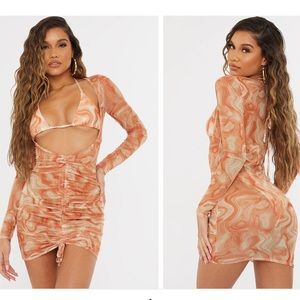 Coral Mesh Ruched Dress & Bikini Set